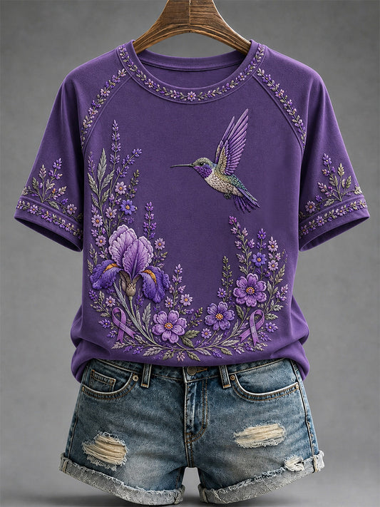 Dames-T-shirt in paars met bloemen- en kolibrieprint ter ondersteuning van het bewustzijn rond Alzheimer