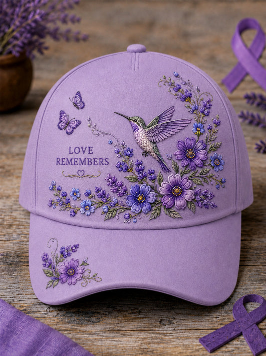 Uniseks pet met paarse bloemen- en kolibrieprint ter ondersteuning van het bewustzijn rond Alzheimer