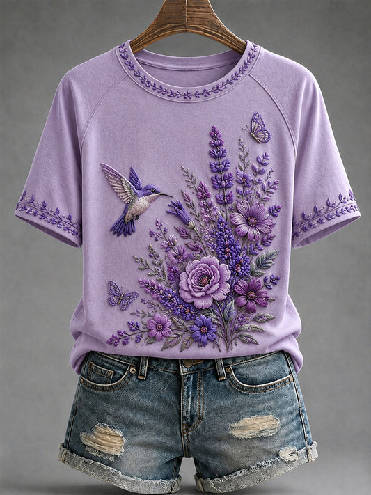 Dames-T-shirt in paars met bloemen- en kolibrieprint ter ondersteuning van het bewustzijn rond Alzheimer