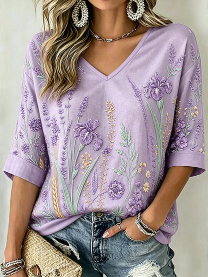 Paars t-shirt voor dames met plantenpatroon, middellange mouwen en V-hals