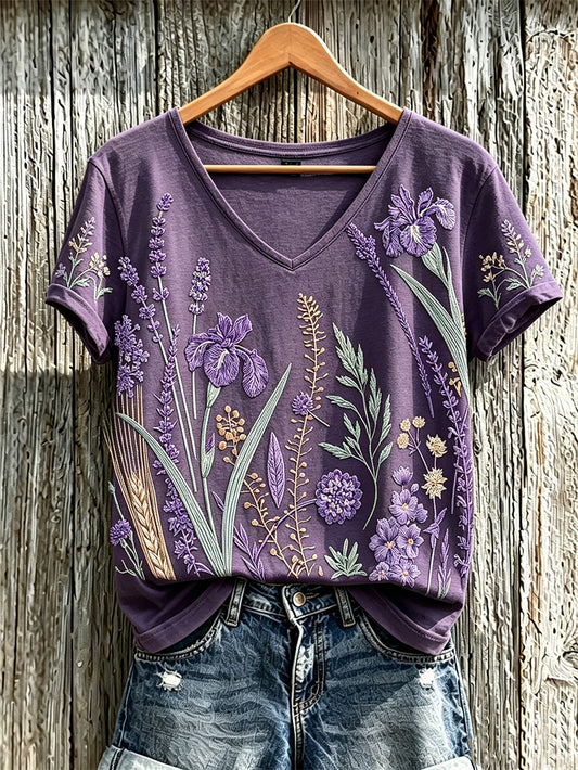 Paars T-shirt voor dames met een print van planten en bloemen, in casual stijl