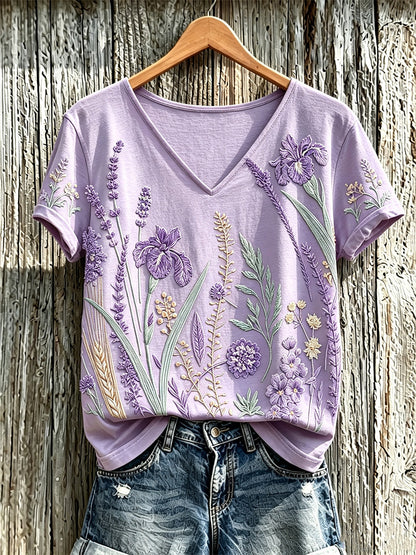 Paars T-shirt voor dames met een print van planten en bloemen, in casual stijl