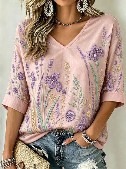 Paars t-shirt voor dames met plantenpatroon, middellange mouwen en V-hals