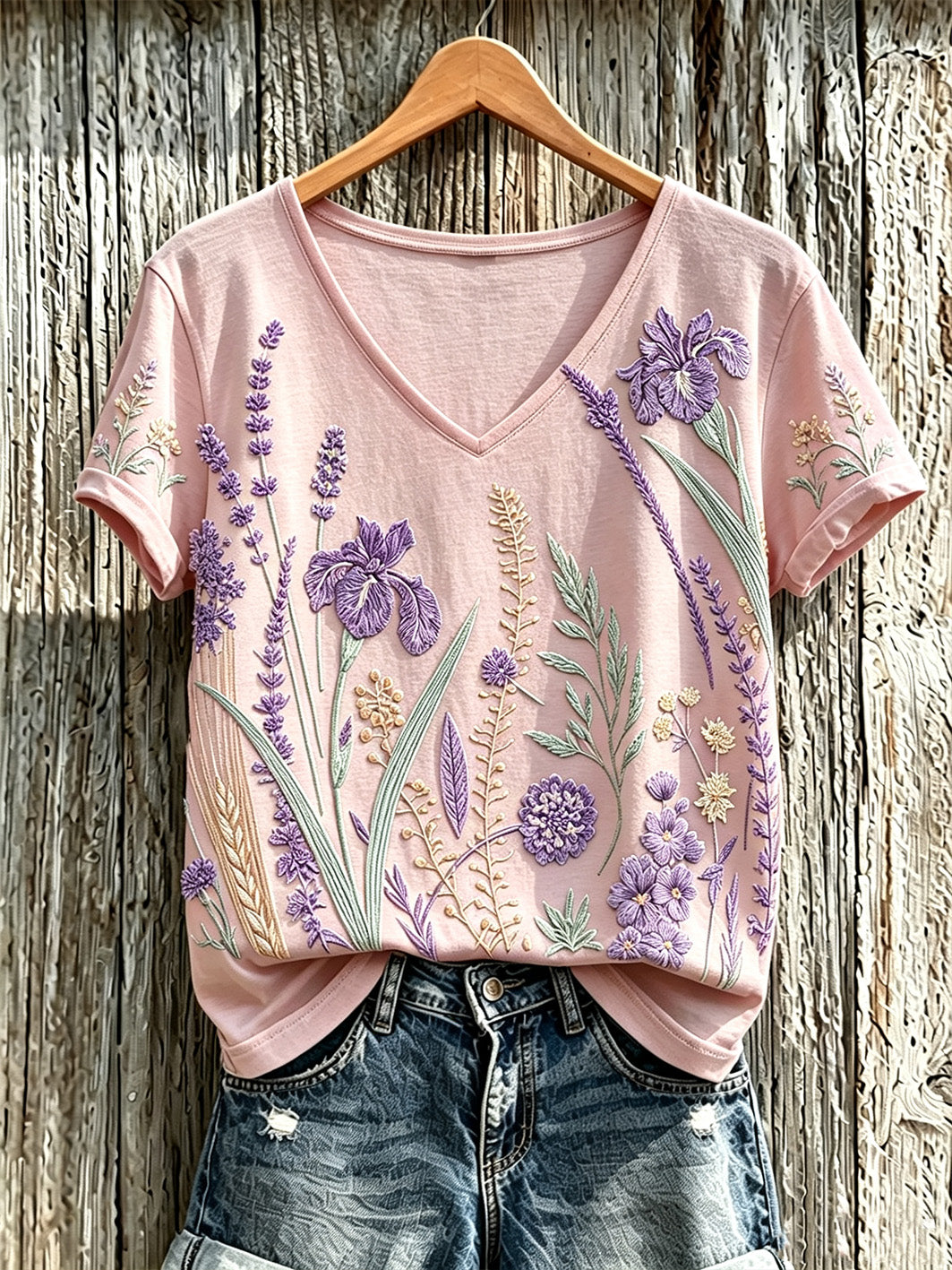 Paars T-shirt voor dames met een print van planten en bloemen, in casual stijl