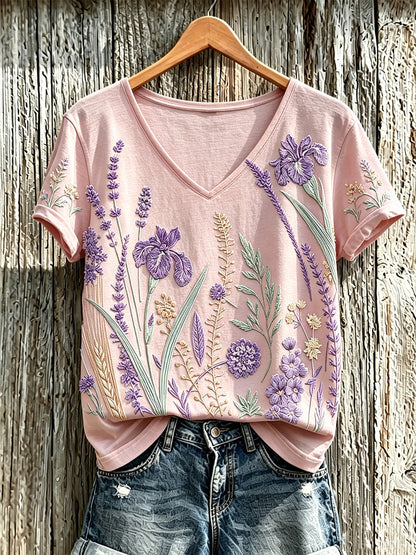 Paars T-shirt voor dames met een print van planten en bloemen, in casual stijl