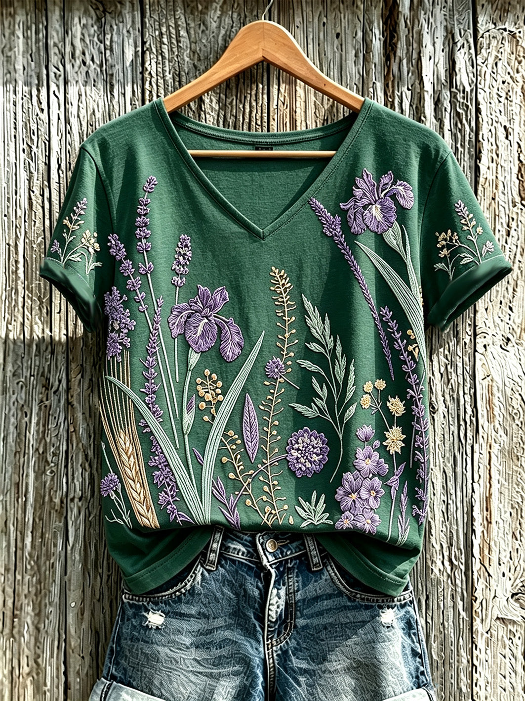 Paars T-shirt voor dames met een print van planten en bloemen, in casual stijl