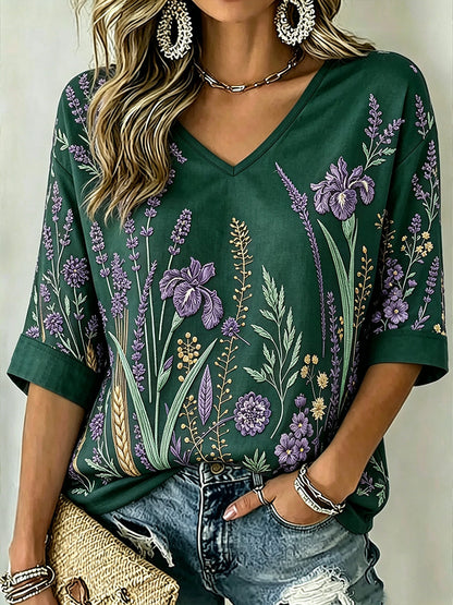 Paars t-shirt voor dames met plantenpatroon, middellange mouwen en V-hals
