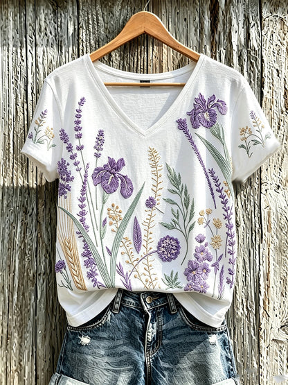 Paars T-shirt voor dames met een print van planten en bloemen, in casual stijl