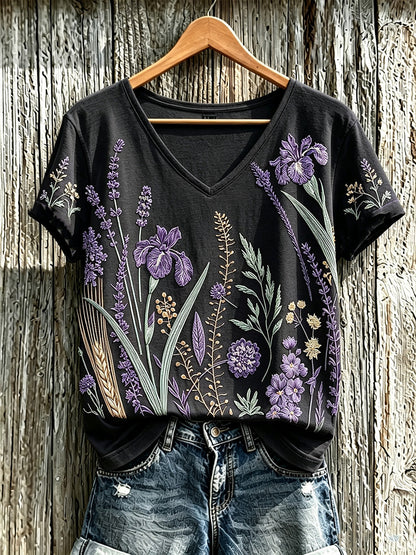 Paars T-shirt voor dames met een print van planten en bloemen, in casual stijl