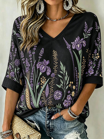 Paars t-shirt voor dames met plantenpatroon, middellange mouwen en V-hals