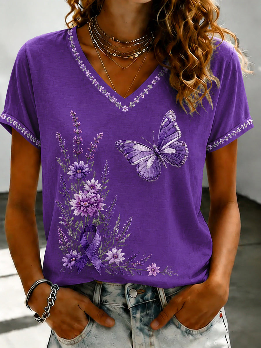 Paars dames-T-shirt met Flora-kunstprint en V-hals