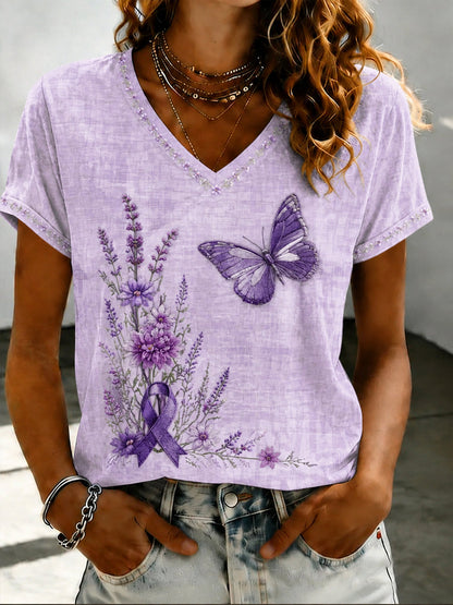 Paars dames-T-shirt met Flora-kunstprint en V-hals
