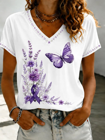 Paars dames-T-shirt met Flora-kunstprint en V-hals