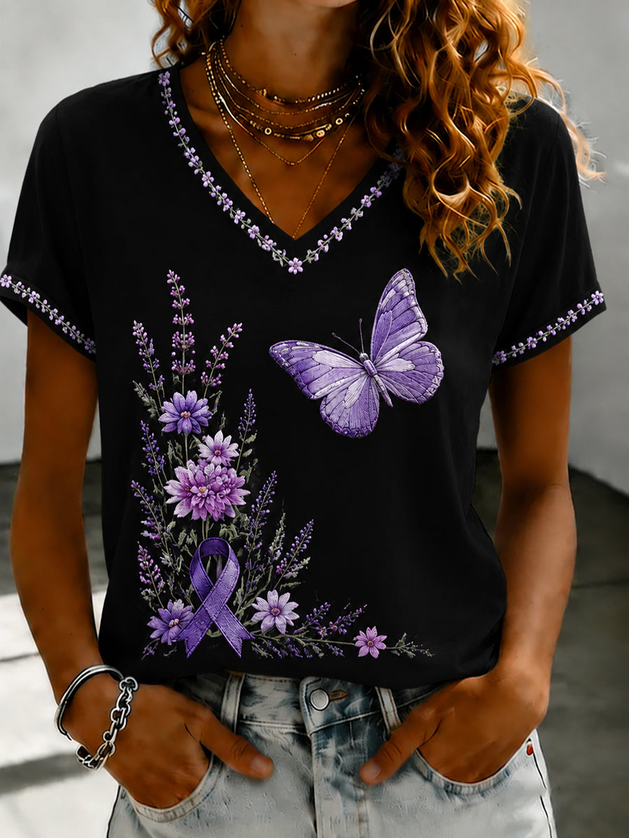 Paars dames-T-shirt met Flora-kunstprint en V-hals