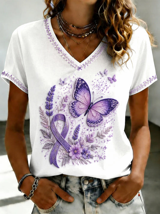 Paars dames-T-shirt met Flora-kunstprint en V-hals