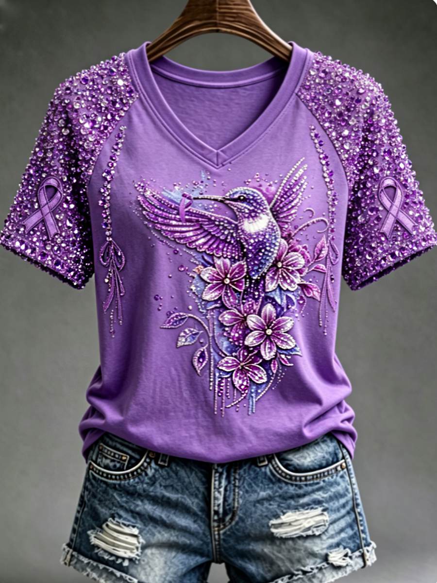 Dames-T-shirt met paarse bloemen- en kolibrieprint ter ondersteuning van het bewustzijn rond Alzheimer, met V-hals