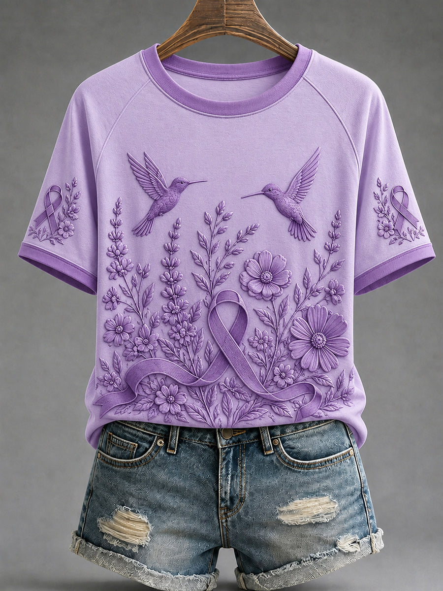 Paars lint voor bewustwording van Alzheimer bij vrouwen en ondersteuning bij dementie – paars t-shirt met bloemen- en kolibrie‑kunstwerk