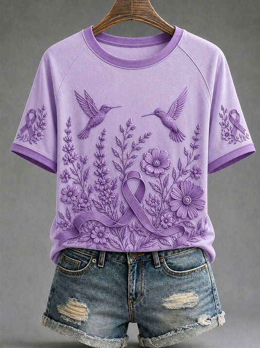 Paars lint voor bewustwording van Alzheimer bij vrouwen en ondersteuning bij dementie – paars t-shirt met bloemen- en kolibrie‑kunstwerk