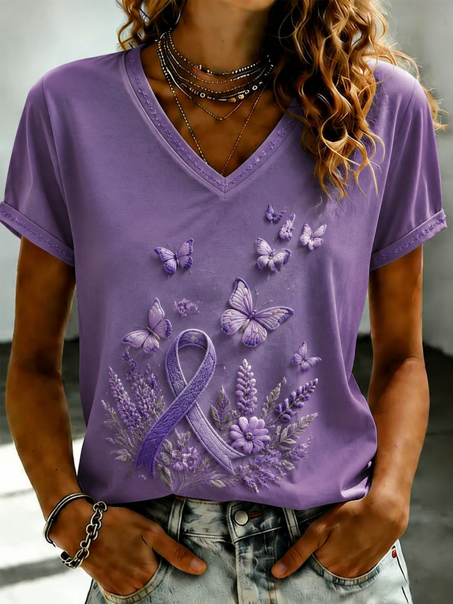 Paars dames-T-shirt met Flora-kunstprint en V-hals