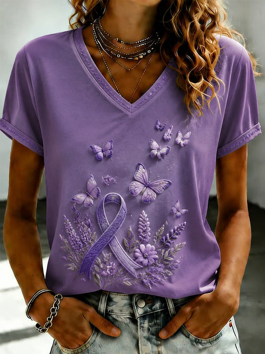 Paars dames-T-shirt met Flora-kunstprint en V-hals