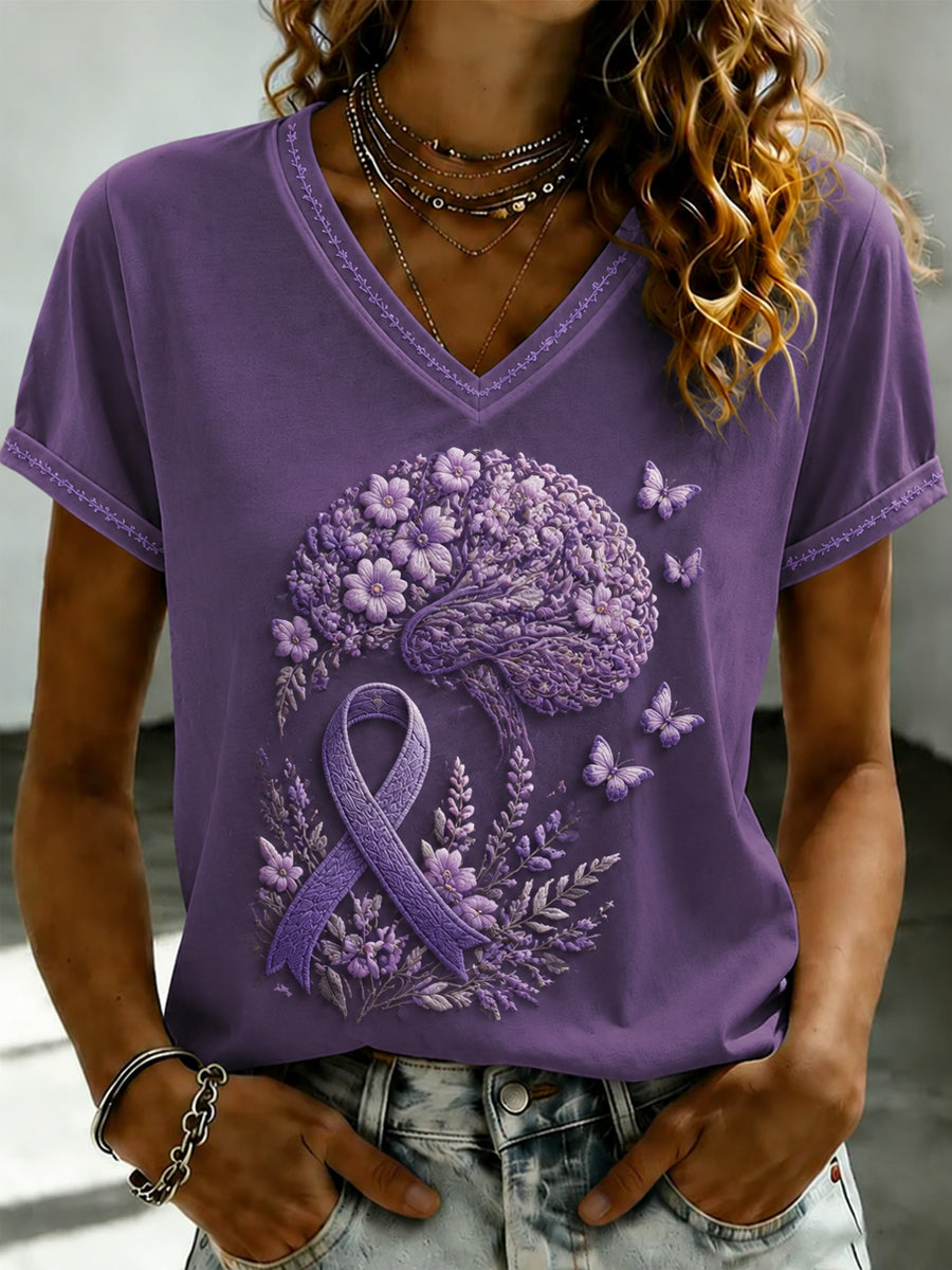Paars dames-T-shirt met Flora-kunstprint en V-hals
