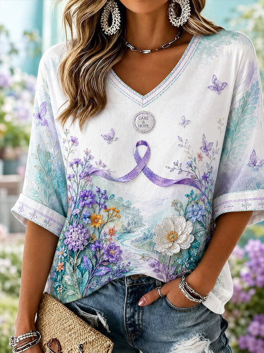 Women's Alzheimer Awareness Pattern Linnen V-hals shirt