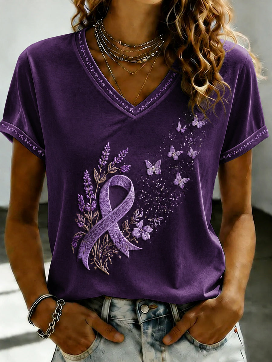 Paars dames-T-shirt met Flora-kunstprint en V-hals