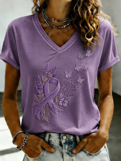 Paars dames-T-shirt met Flora-kunstprint en V-hals