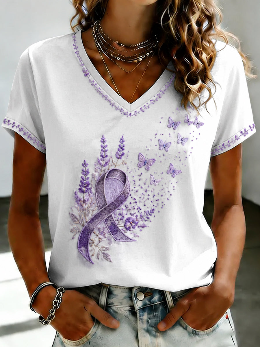 Paars dames-T-shirt met Flora-kunstprint en V-hals