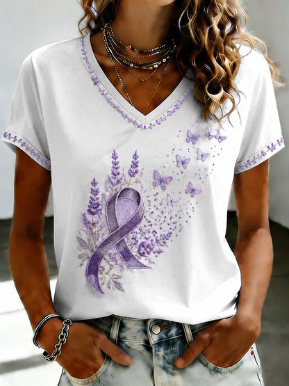 Paars dames-T-shirt met Flora-kunstprint en V-hals