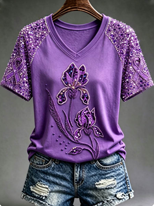 Dames-T-shirt met paarse bloemen- en kolibrieprint ter ondersteuning van het bewustzijn rond Alzheimer, met V-hals