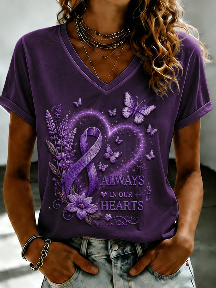 Paars dames-T-shirt met Flora-kunstprint en V-hals