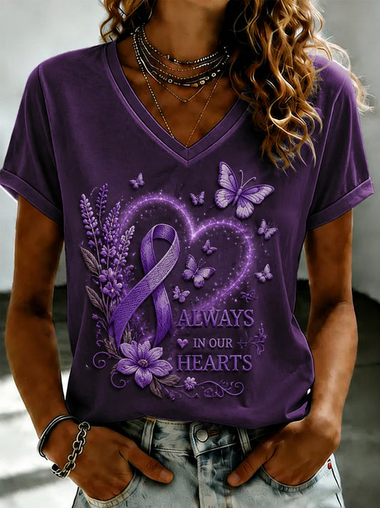 Paars dames-T-shirt met Flora-kunstprint en V-hals