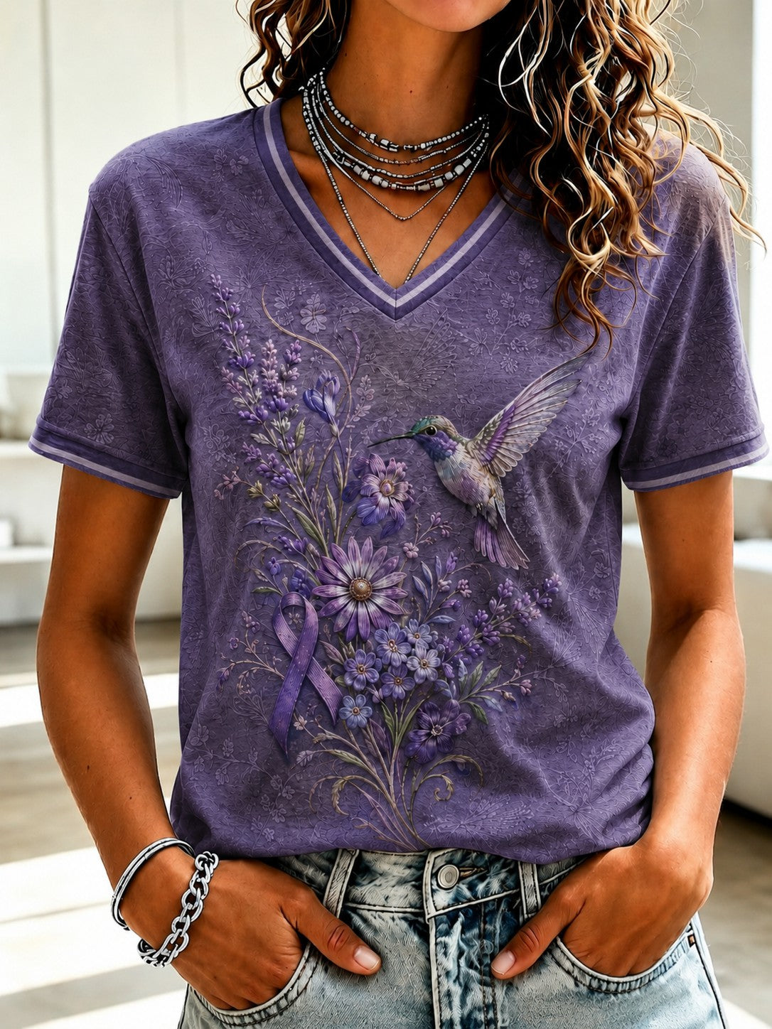T-shirt met V-hals en print ter bewustwording van Alzheimer bij vrouwen