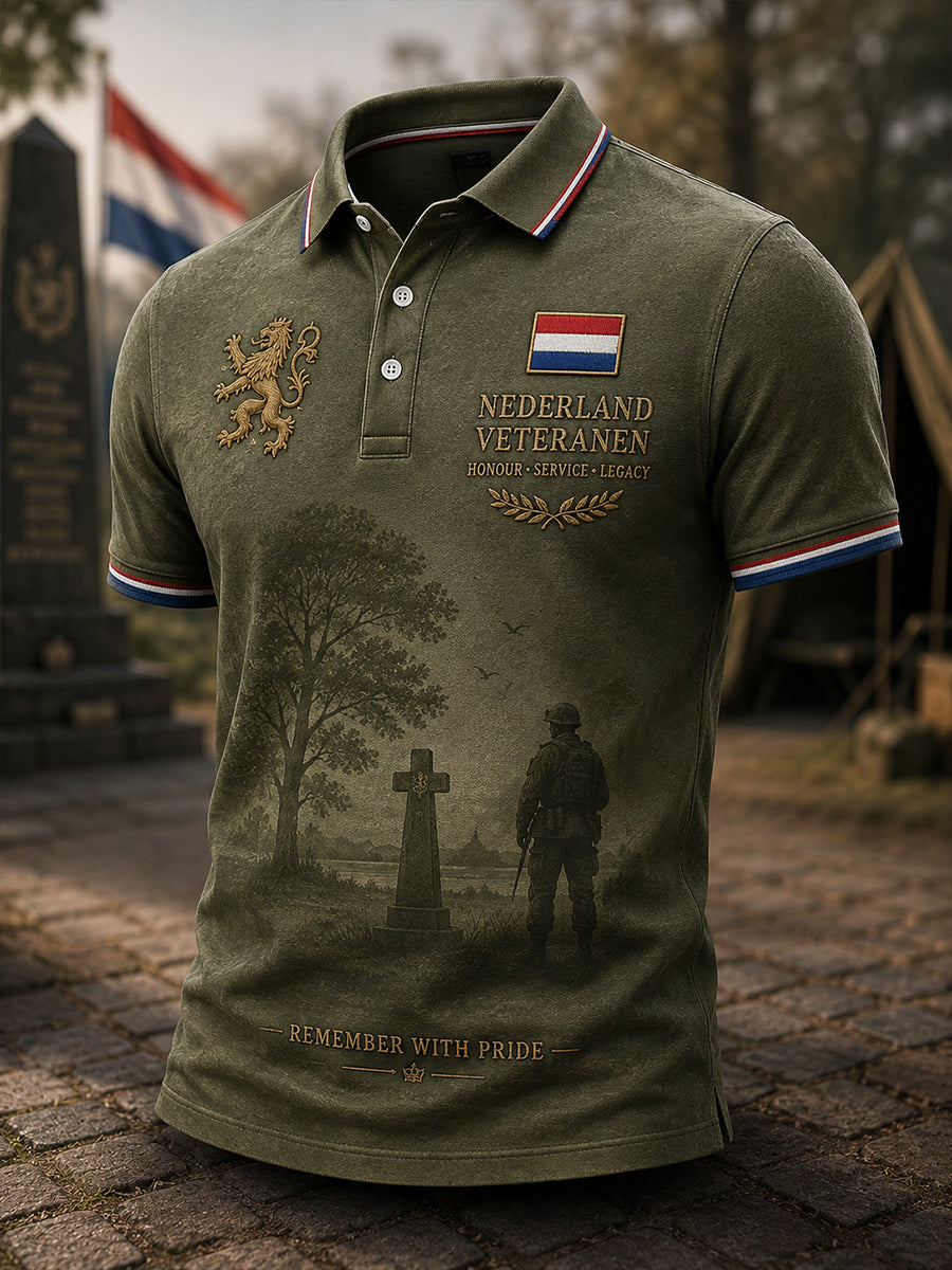 Herenpoloshirt met korte mouwen en vintage veteraan herdenkingsopdruk