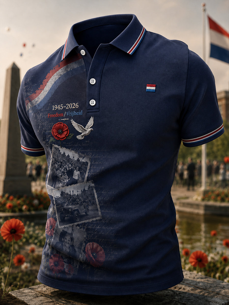 Herenpoloshirt met korte mouwen en een vintage herdenkingsprint ter ere van Bevrijdingsdag