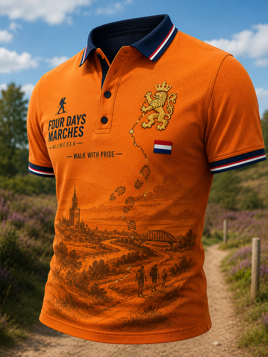 Herenpoloshirt met korte mouwen en grafische print van het Vierdaagsefeest