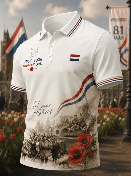 Herenpoloshirt met korte mouwen en een vintage herdenkingsprint ter ere van Bevrijdingsdag