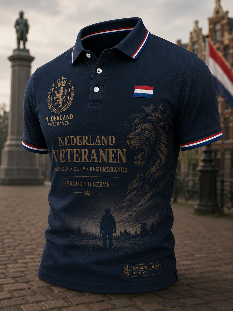 Herenpoloshirt met korte mouwen en een vintage herdenkingsprint voor veteranen