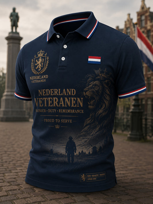 Herenpoloshirt met korte mouwen en een vintage herdenkingsprint voor veteranen