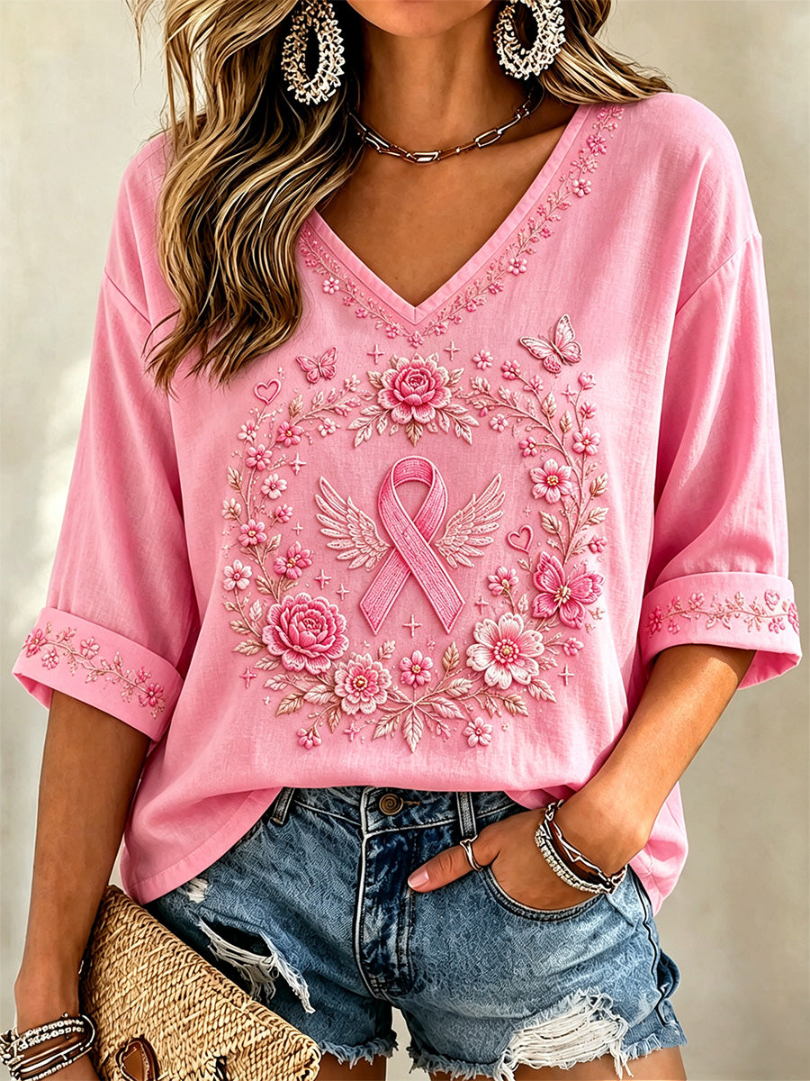 Roze dames-T-shirt met bloemenprint, ter ondersteuning van borstkankerbewustzijn, halflange mouwen en V-hals