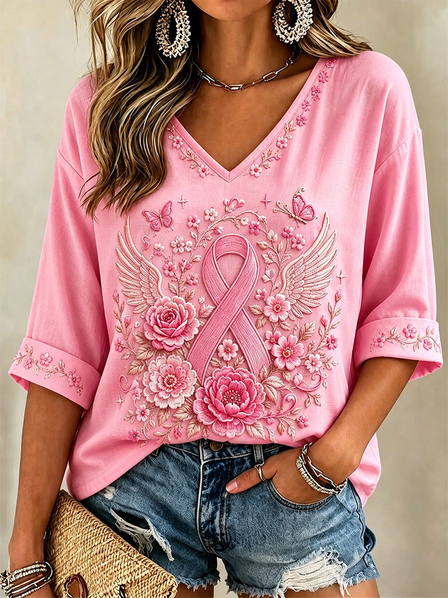 Roze dames-T-shirt met bloemenprint, ter ondersteuning van borstkankerbewustzijn, halflange mouwen en V-hals