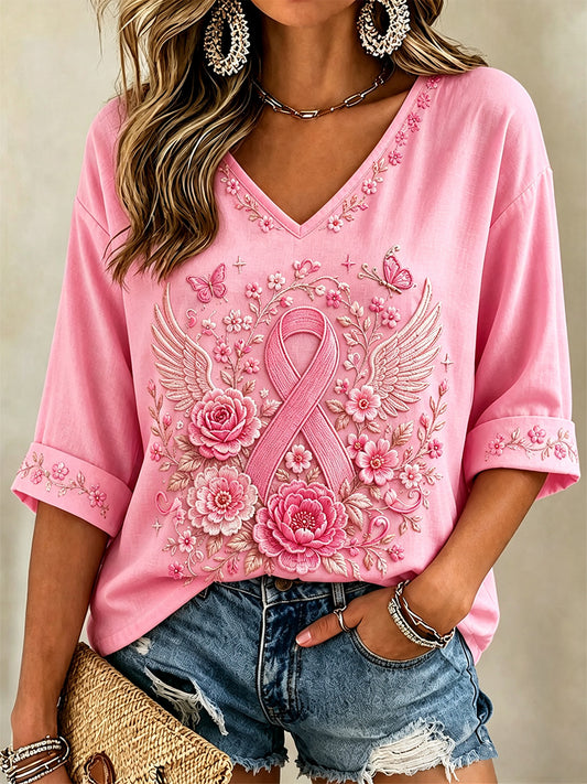 Roze dames-T-shirt met bloemenprint, ter ondersteuning van borstkankerbewustzijn, halflange mouwen en V-hals