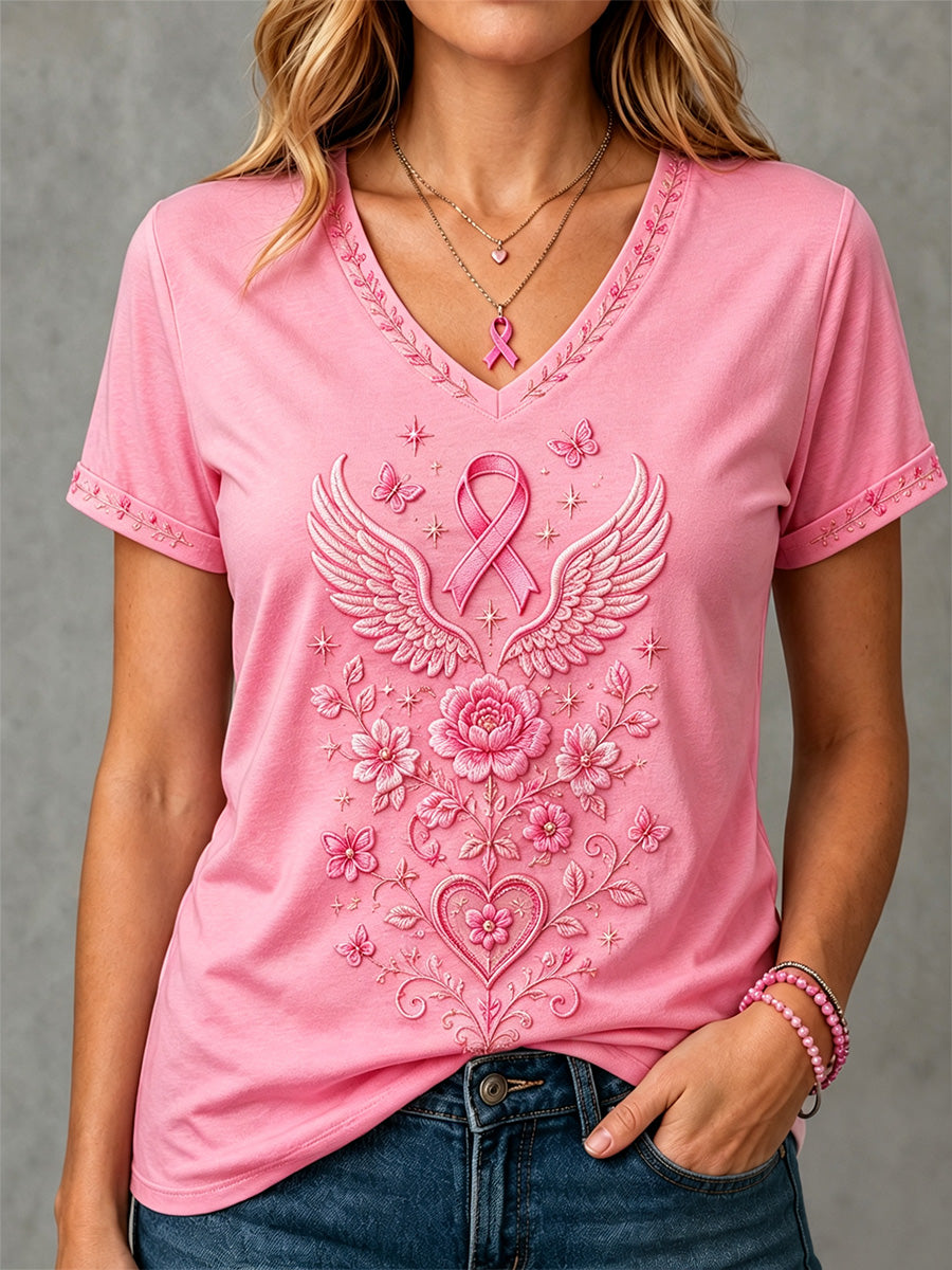 Roze dames-T-shirt met bloemenprint ter ondersteuning van borstkankerbewustwording en V-hals