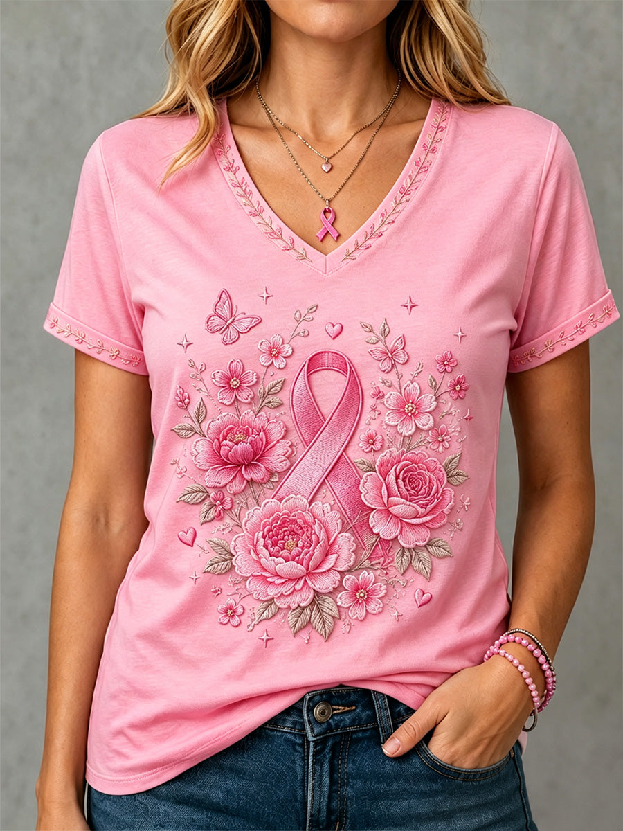 Dames roze bloemenprint borstkanker bewustzijn ondersteuning V-hals T-shirt