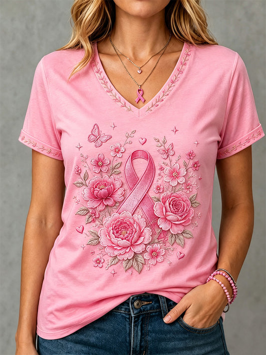 Dames roze bloemenprint borstkanker bewustzijn ondersteuning V-hals T-shirt