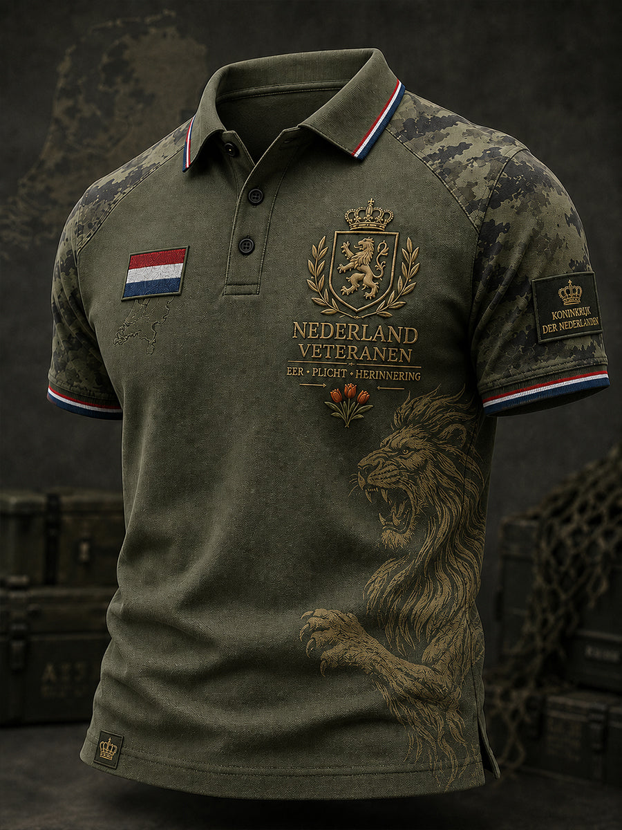 Herenpoloshirt met korte mouwen en vintageprint in militaire stijl