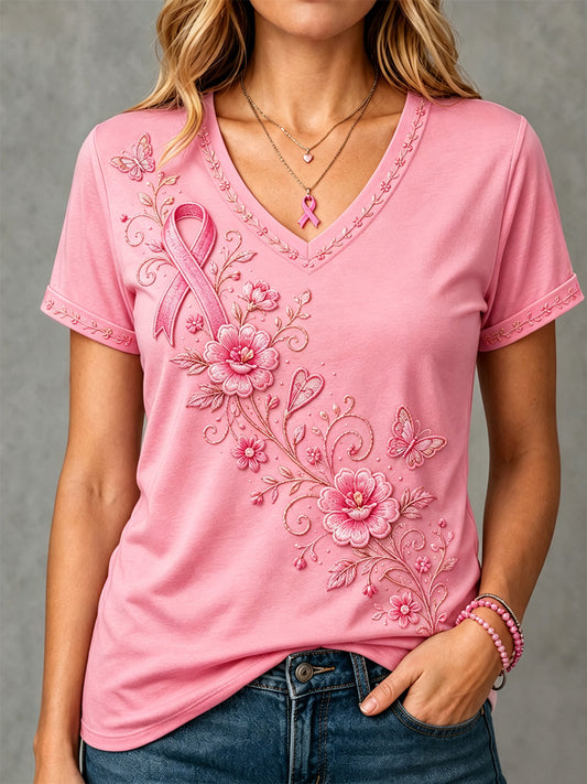 Roze dames-T-shirt met bloemenprint ter ondersteuning van borstkankerbewustwording en V-hals