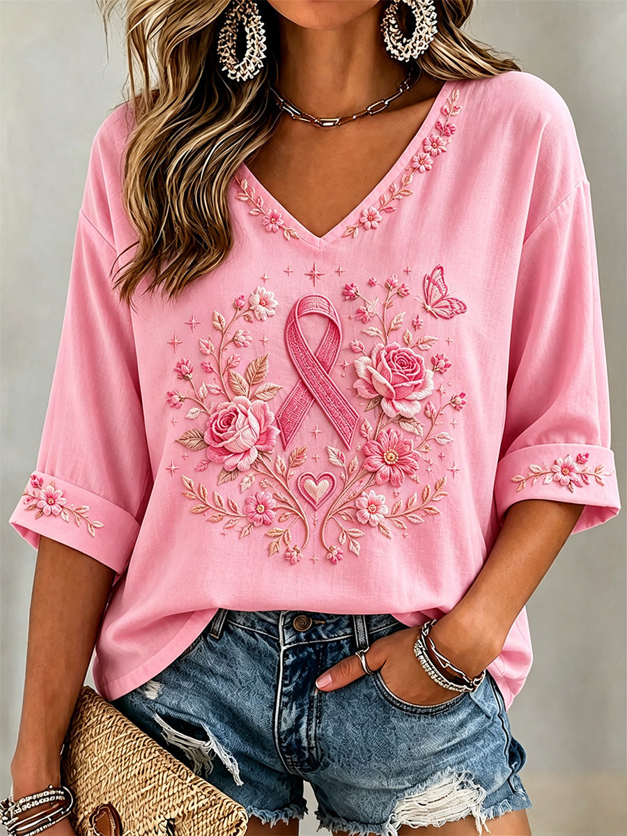 Dames roze bloemenprint borstkanker bewustzijn ondersteuning halve mouwen V-hals T-shirt