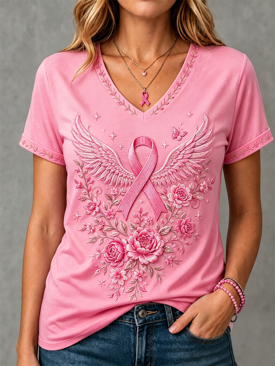 Roze dames-T-shirt met bloemenprint ter ondersteuning van borstkankerbewustwording en V-hals